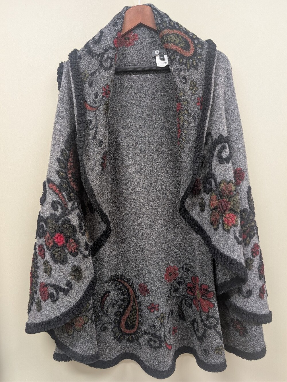 Made In Italy Vintage-style Open-front Wool Blend Floral Paisley Shawl Poncho M